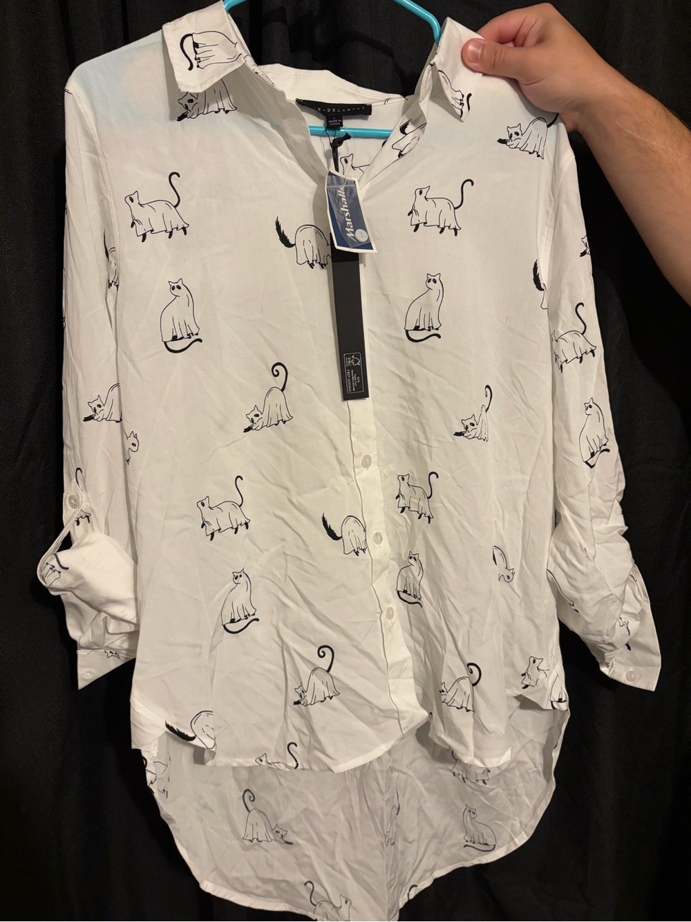 White Cat Ghost Longline Button-Up Shirt